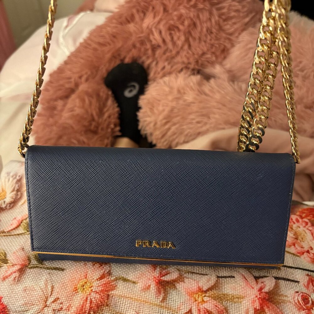 long sapphire blue prada bifold wallet, complementary chain included for opt